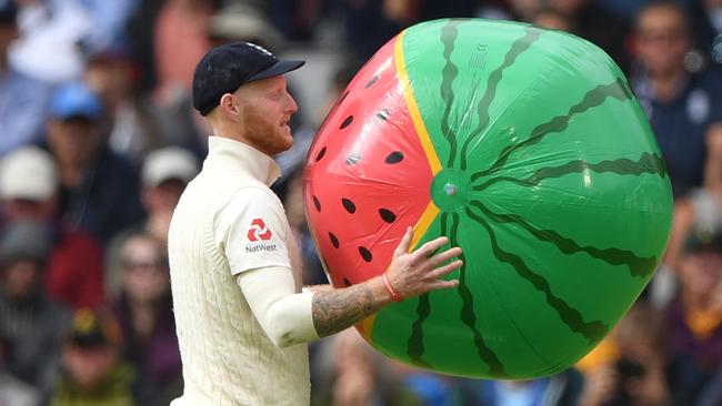 Ben Stokes uses his melon during a lighter moment on day two. Picture: Getty Images