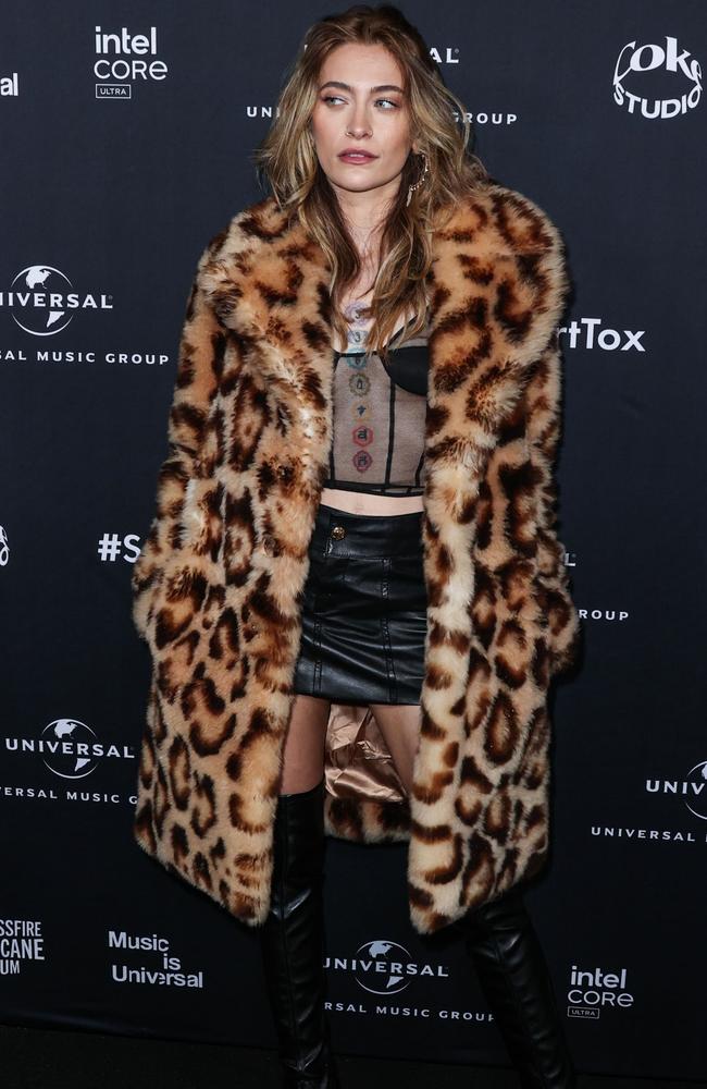 Paris Jackson rocked a leopard coat for the Universal soiree. Picture: Backgrid