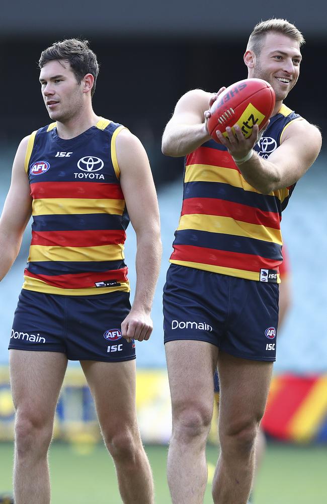 Adelaide’s Mitch McGovern and Daniel Talia at training. Picture: Sarah Reed