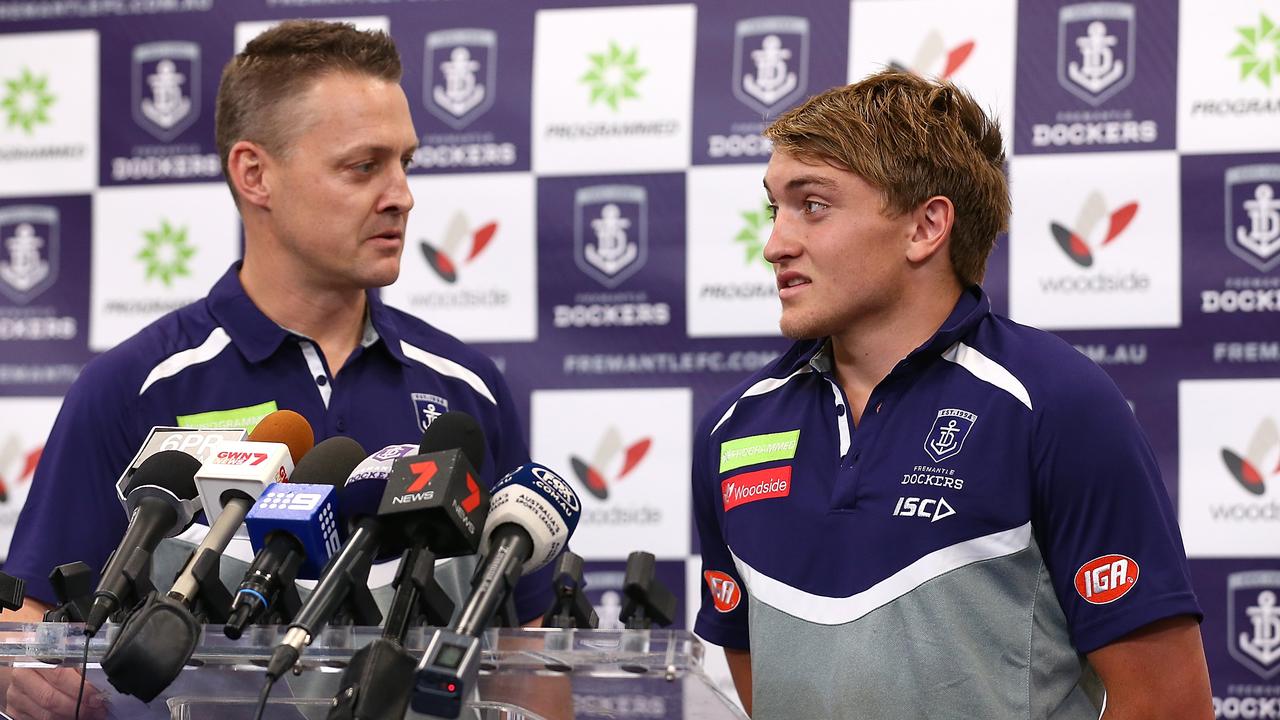 Former Fremantle list manager Brad Lloyd introduces Mitchell Crowden last year.