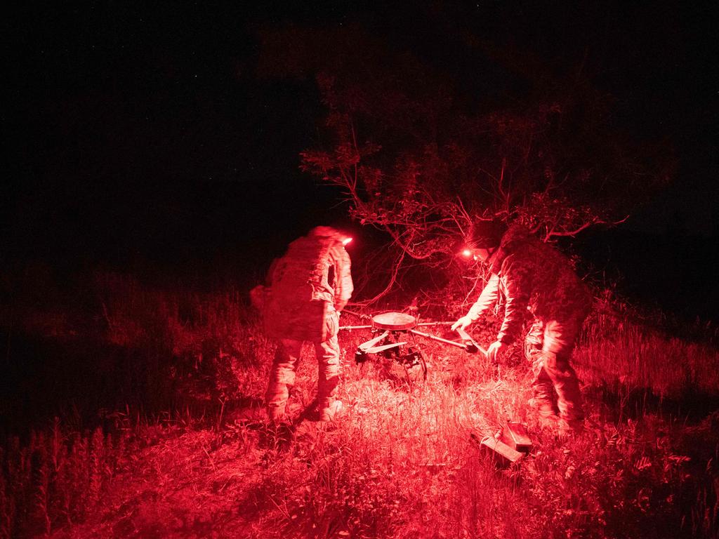 Servicemen of the “Achilles” Battalion, from the 92nd assault brigade of the Ukrainian Army, check a Vampire hexacopter drone after a flight mission over a frontline near Chasiv Yar, Donetsk region, on May 1, 2024, amid the Russian invasion of Ukraine. Picture: AFP