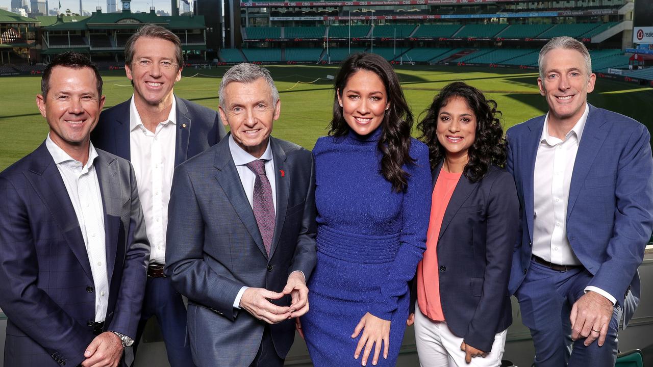 Ricky Ponting, Glenn McGrath, Bruce McAvaney, Mel McLaughlin, Lisa Sthalekar and Damien Fleming at the Channel 7 Cricket Launch at the Sydney Cricket Ground.