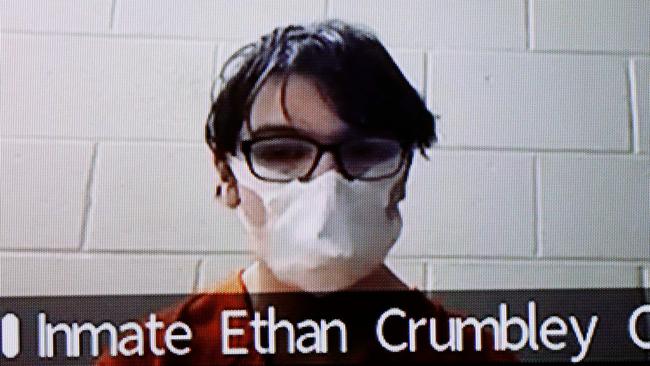 Accused Oxford High School gunman Ethan Crumbley in court via video for a probable cause conference. Picture: Jeff Kowalsky/AFP