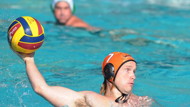 Warriors player Cooper Gosney. Mens final in water polo, Barracudas vs Warriors. Sunday November 22, 2020. Picture John Gass