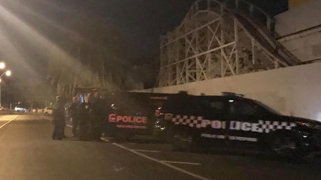 Riot squad police in St Kilda in the early hours of this morning.