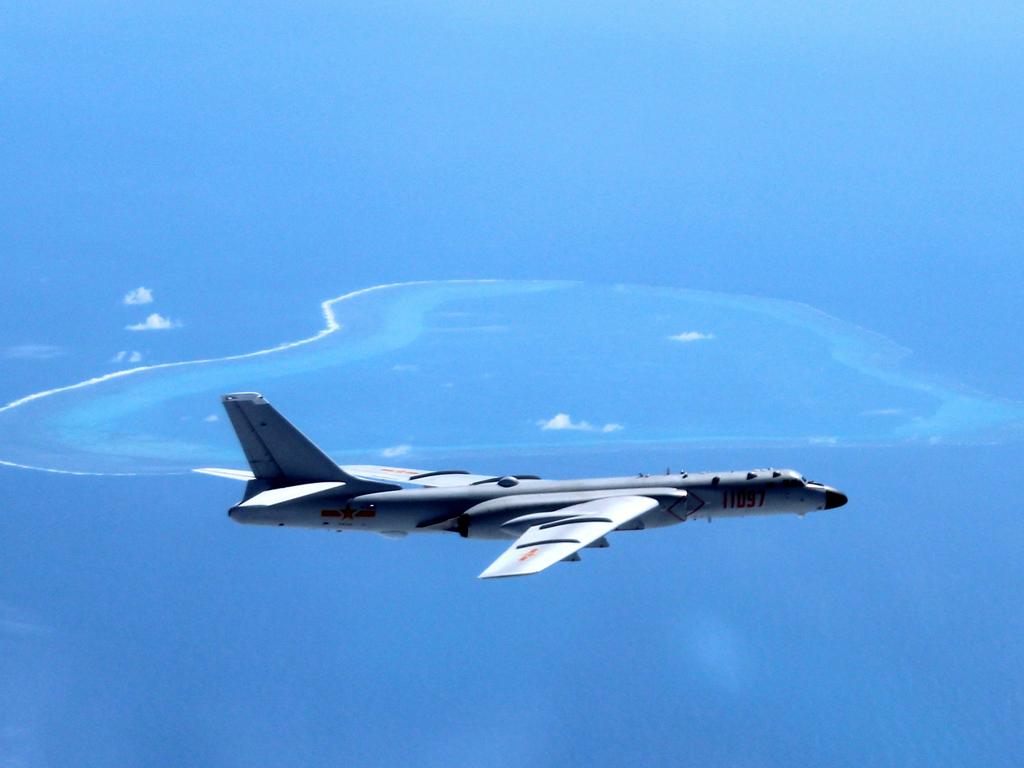 A Chinese H-6K bomber patrols the islands and reefs in the South China Sea. Picture: Xinhua