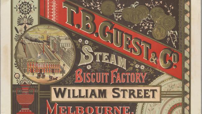 A 19 th century advertisement for T.B. Guest and Co’s Steam Biscuit Factory in William St. Picture: Museums Victoria