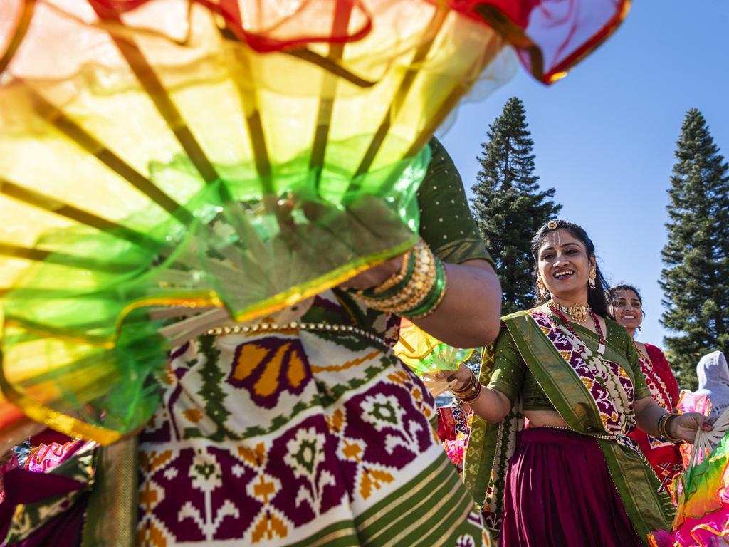 Dancers in front of the chariot at Toowoomba's Festival of Chariots, Saturday, July 20, 2024. Picture: Kevin Farmer