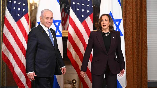 Kamala Harris and Benjamin Netanyahu arrive for a meeting in the vice president’s ceremonial office at the Eisenhower Executive Office Building in Washington.