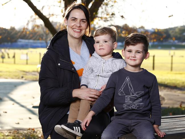 Clovelly mum Charmaine Peterson with sons Finn, two, and William, four. She’s keen to see more women in the workforce as a result of the change. Picture: Richard Dobson