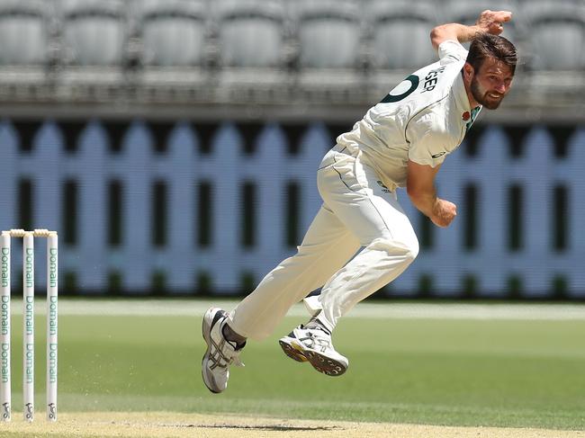 Michael Neser en route to match figures of 4-58 for Australia A against Pakistan in last week’s tour game in Perth. Picture: Paul Kane/Getty Images