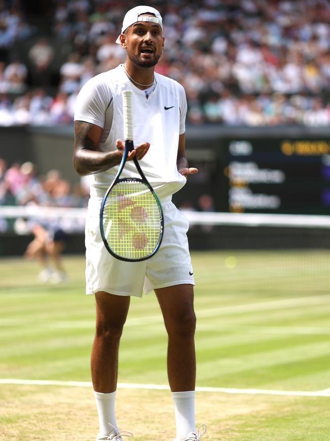 LONDON, ENGLAND - JULY 10: Nick Kyrgios of Australia reacts against Novak Djokovic of Serbia during their Men's Singles Final match on day fourteen of The Championships Wimbledon 2022 at All England Lawn Tennis and Croquet Club on July 10, 2022 in London, England. (Photo by Julian Finney/Getty Images)