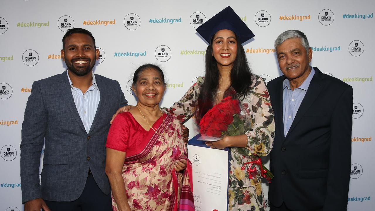 Thanuja Halloluwa, Kusum Silva, Kavindi Gunawardana and Richard Gunawardana at Deakin University post-graduation celebrations on Friday afternoon. Picture: Alan Barber