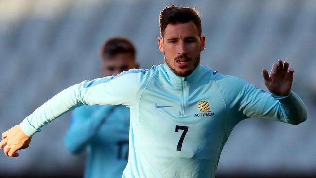 Matthew Leckie at Socceroos training at Adelaide Oval on Saturday. Picture: Calum Robertson