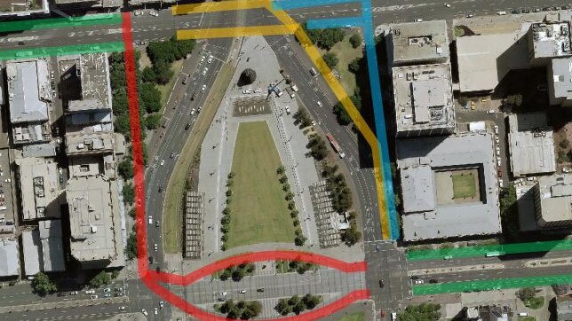 Possible cycling routes around Victoria Square. Picture: Adelaide City Council