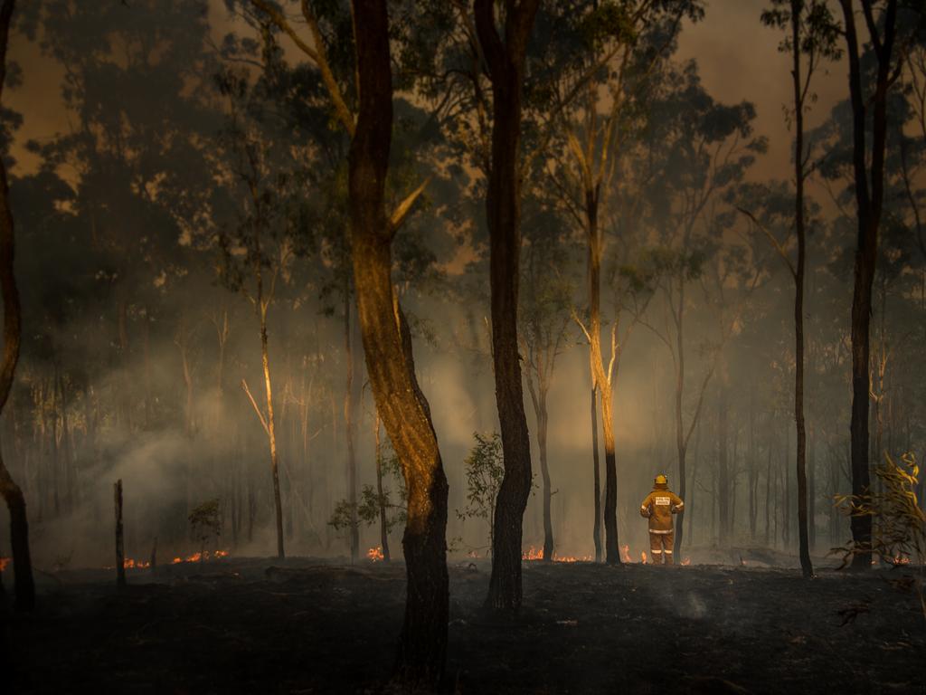 A loan Australian rural firefighter observes the damage caused by bushfires in Queensland.