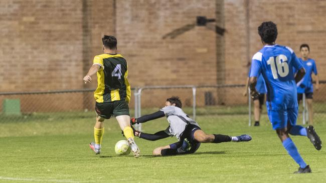 South West Queensland Thunder keeper Pierce Clark makes a save in the FQPL men's semi-final against Mitchelton at Clive Berghofer Stadium, Saturday, November 21, 2020. Picture: Kevin Farmer