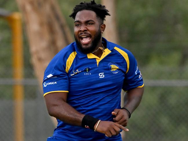 Deer ParkÃs Roshon Primus celebrates the wicket of Luke Smith during the VTCA grand final cricket match between Deer Park and St Francis de Sales in Deer Park, Saturday, March 19, 2022. Picture:Andy Brownbill