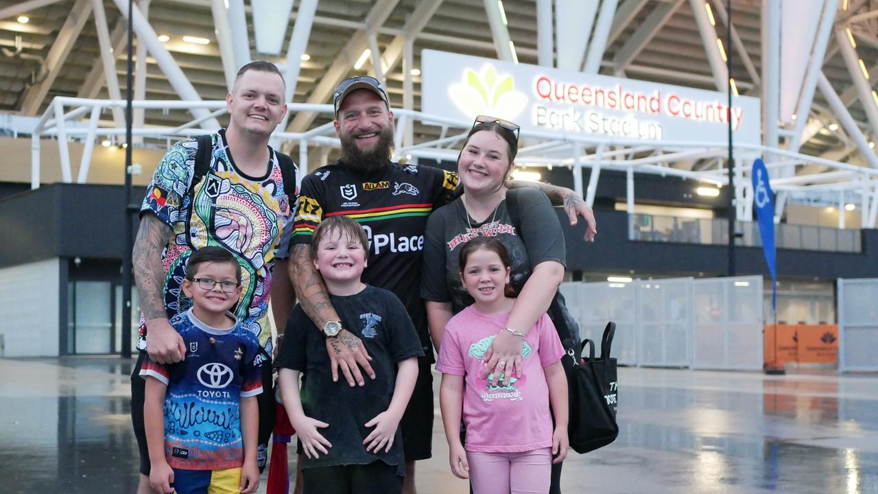 Ben Colebrook, Jackson Colebrook, 6, Scott Morley, Max Morley, 7 Tayla Morley and Isabella Greenfield, 7. They fit right in with their colourful kits. Picture: Blair Jackson