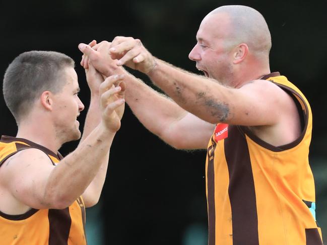 Football  GDFL - Corio v Inverleigh.Inverleigh 22 Dalton Grundell  celebrates with 7 Adam Donohue on a goalPicture: Mark Wilson