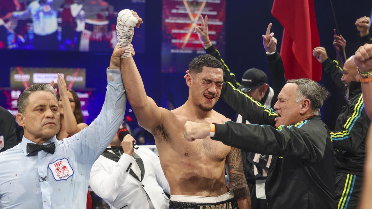 GOLD COAST, AUSTRALIA - JULY 02: Jai Opetaia celebrates during the IBF cruiserweight title fight between Jai Opetaia and Mairis Briedis at Gold Coast Convention and Exhibition Centre on July 02, 2022 in Gold Coast, Australia. (Photo by Peter Wallis/Getty Images)