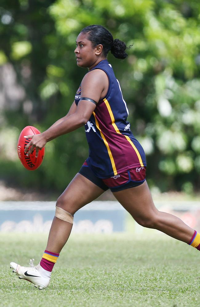 Lions' Sodyla Kris lines up a shot at goal in the AFL Cairns women's match between the South Cairns Cutters and the Cairns City Lions, held at Fretwell Park, Bentley Park. Picture: Brendan Radke