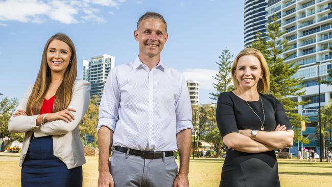 Gold Coast Labor candidates for the upcoming Queensland election Meaghan Scanlon for Gaven, Rowan Holzberger for Bonney and Georgi Leader for Currumbin. Picture: Glenn Hunt