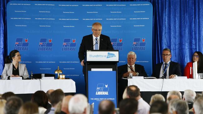 The Liberal State Conference / Council held at Blundstone Arena on Sunday. Pictured is Prime Minister Scott Morrison addressing the crowd. Picture: MATT THOMPSON