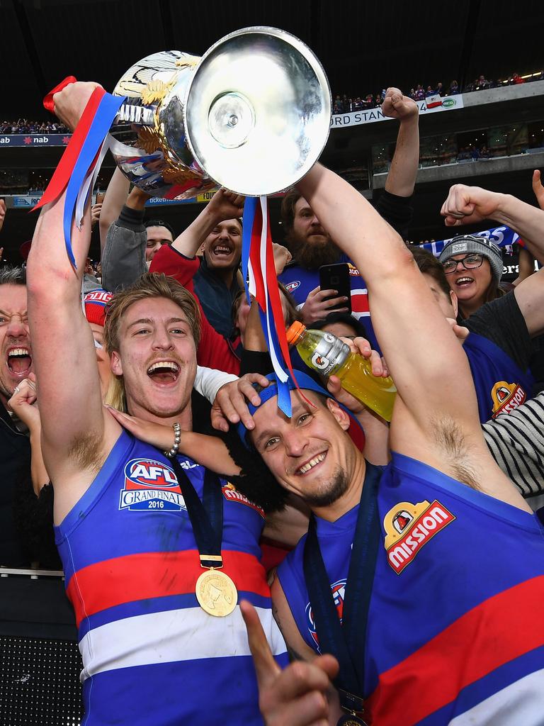 Biggs celebrates with Clay Smith after the clash with the Swans. Picture: Getty Images