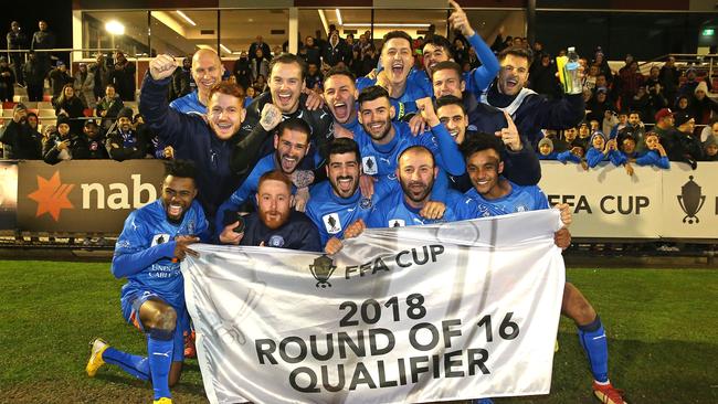 Avondale FC celebrate after their FFA Cup round of 32 win against Marconi Stallions in Melbourne