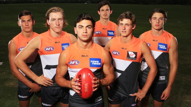 GWS young guns (from left) Isaac Cumming, Will Setterfield, Tim Taranto, Zac Sproule, Harry Perryman and Lachlan Tiziani. Picture: Mark Evans