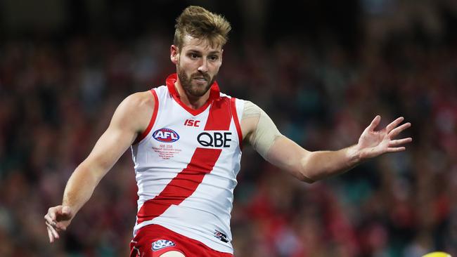 Sydney's Alex Johnson first kick during AFL match Sydney Swans v Collingwood at the SCG. It is Alex Johnson's first game since the 2012 Grand Final after having five knee reconstructions. Picture. Phil Hillyard