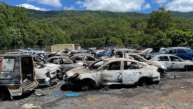 A fire at the Smithfield RoadTek depot destroyed at least 12 vehicles on March 22, closing the nearby Kennedy Hwy for more than an hour. Picture: Andreas Nicola