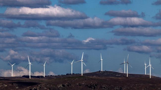 Power-generating wind turbines at the Capital Wind Farm, at Lake George, near the town of Bungendore.