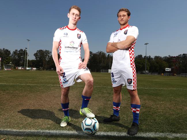 Gold Coast Knights players Jaiden Walker and Max Brown ahead of the NPL grand final against Olympic on Sunday. Picture: Jason O'Brien