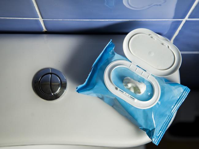 Wet toilet wipes in a bathroom. These toilet wipes are creating problems at water purifying plants.