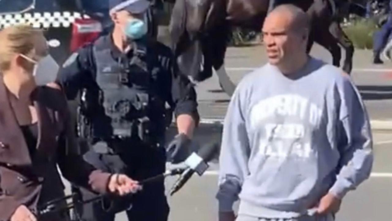 Anthony Mundine at Sydney’s Covid rally on Saturday.