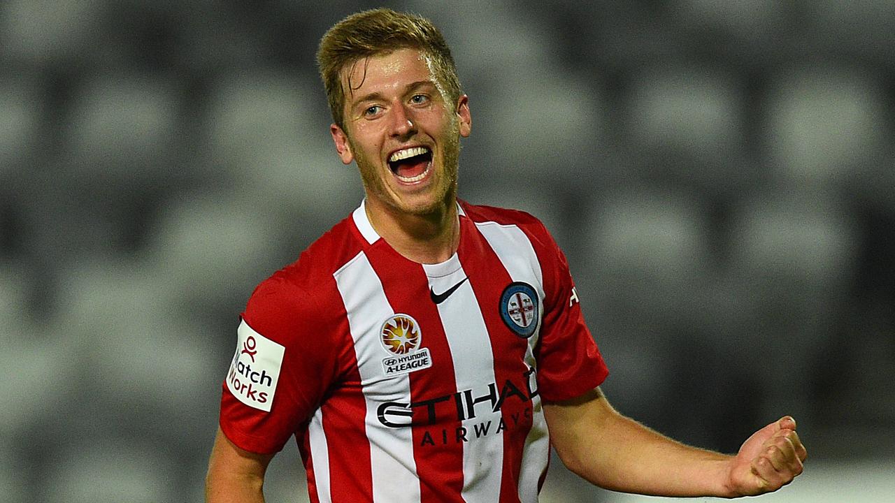 Stefan Mauk of City celebrates scoring a goal during the round 9 A-League match between the Central Coast Mariners and Melbourne City FC at Central Coast Stadium in Gosford, on Thursday, Dec. 3, 2015. (AAP Image/Dan Himbrechts) NO ARCHIVING, EDITORIAL USE ONLY