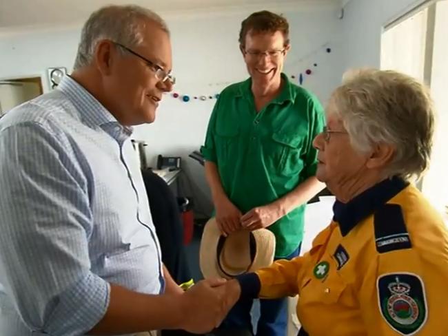 PM Scott Morrison with RFS volunteer Jacqui. Picture: Sky News