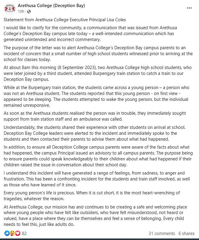 The Facebook post by Arethusa College at Deception Bay