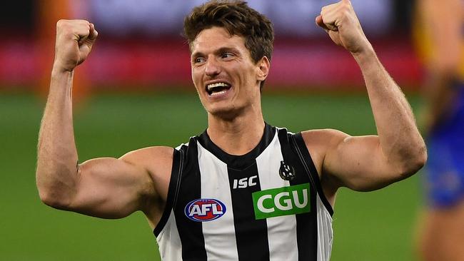 Brody Mihocek enjoys Collingwood’s elimination final win over West Coast.