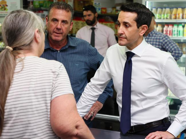 Opposition Leader David Crisafulli (right) with local candidate Marty Hunt on the Sunshine Coast on Monday. Picture: Tertius Pickard