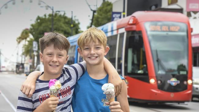 Mates Hunter and Harley, both 10, look forward to the return of the Glenelg Ice Cream Festival. Pic. Roy VanDerVegt