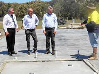 GREEN LIGHT: The upgrade to the Yamba sports complex receives a once over from three tiers of government. Federal MP Kevin Hogan second right, Clarence MP Chris Gulaptis third right and Clarence Valley Council general manager Ashley LIndsay, fourth from right.