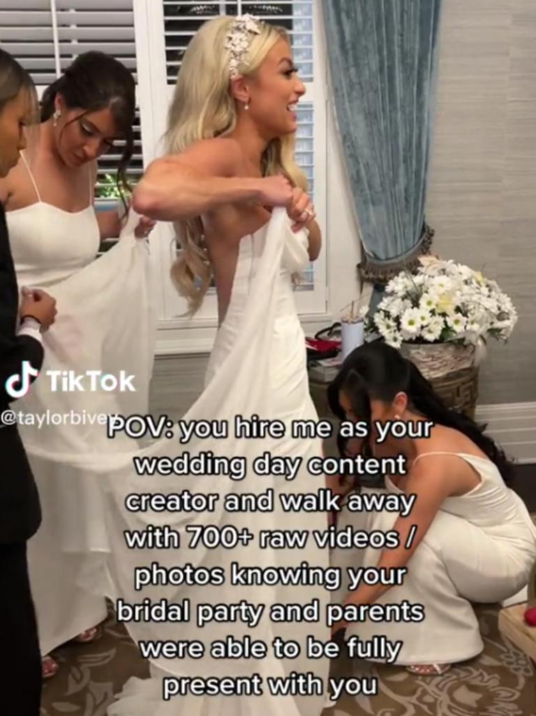 A viral TikTok shows behind the scenes footage of a stunning bride getting ready with her bridesmaids. Picture: TikTok/taylorbivey