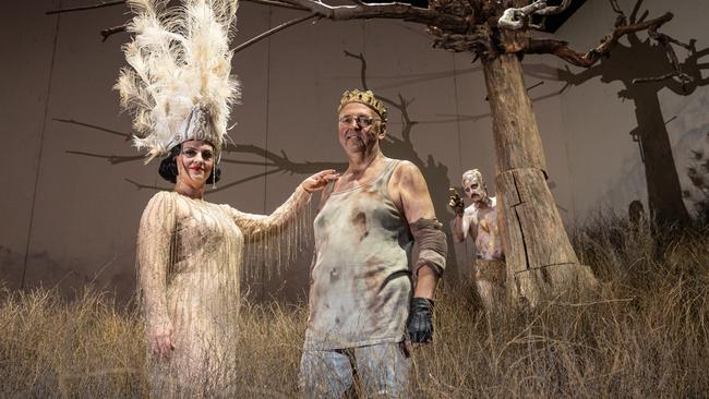 Adelaide Festival 2022. The Golden Cockerel opera singers  Venera Gimadieva (Russian soprano) and Pavlo Hunka (British-Ukranian bass-baritone), with Australian actor Matt Whittet in the background as the cockerel.Picture: Andrew Beveridge ,