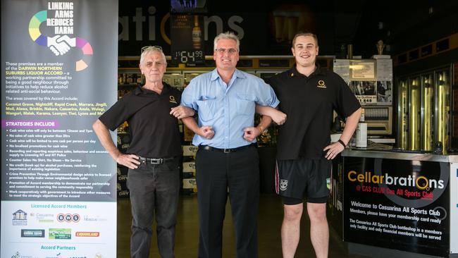 <s1>Linking arms against alcohol-related harm are Darwin Northern Suburbs Liquor Accord members Greg Crozier, left, Russell Reid and Devon Wright. </s1>                        <source>Picture: GLENN CAMPBELL</source>                                             <source/>