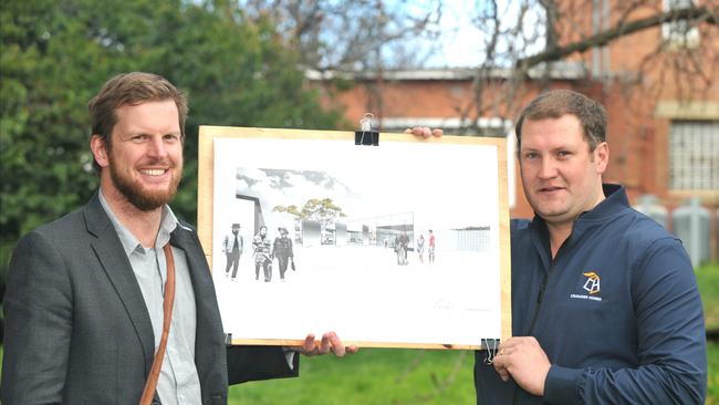 Project architect Thomas Bailey, from Room 11 Architects, and New Norfolk Distillery director Justin Derksen at the site of the proposed distillery and cellar door. Picture: FIONA HARDING