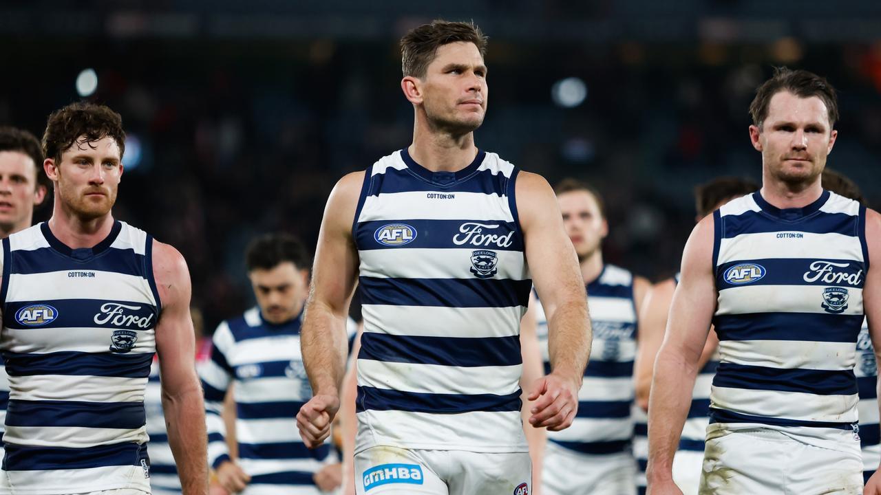 Tom Hawkins leaves the field looking dejected after a loss. Picture: Dylan Burns