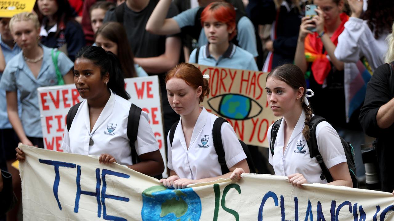 The strikers then went on to march down George St towards Hyde Park. Picture: NCA NewsWire / Damian Shaw